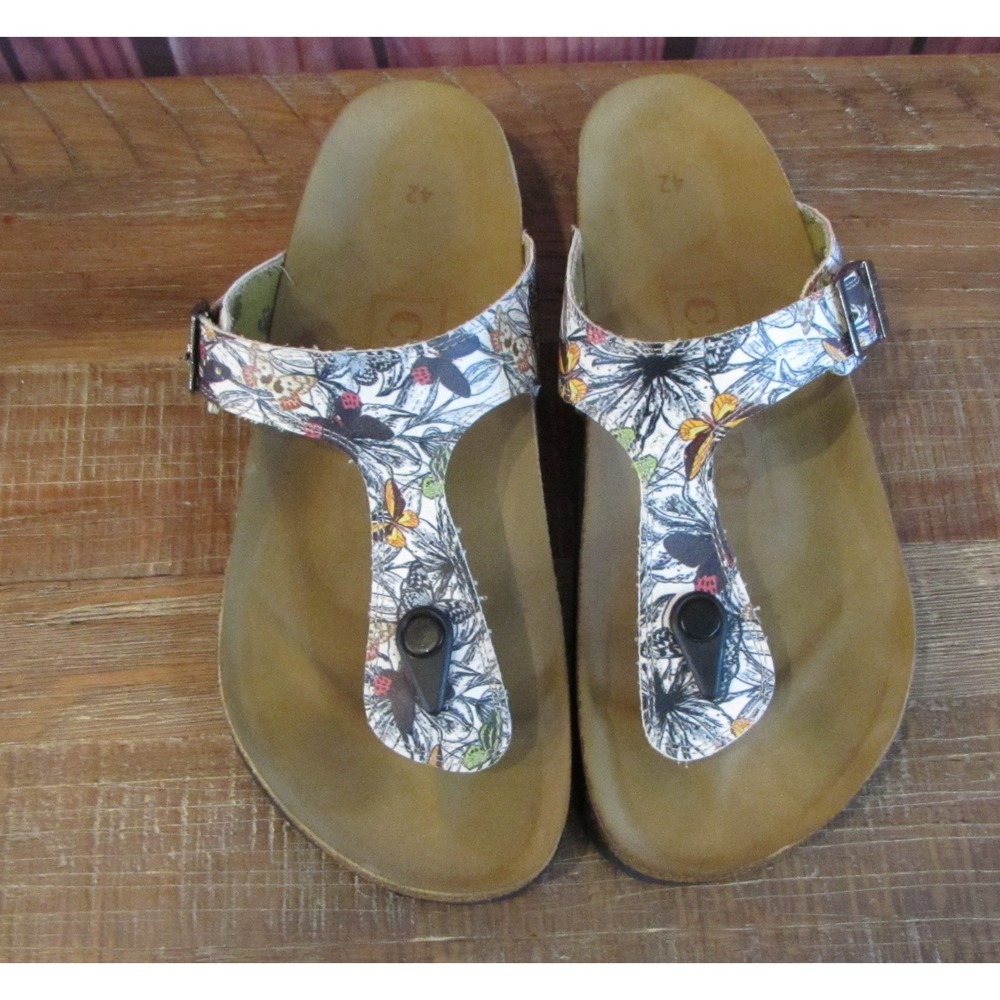 Calceo Womens T-Strap Sandals White Butterfly Floral Cork Footbed EU 42 US 11 - Picture 2 of 11